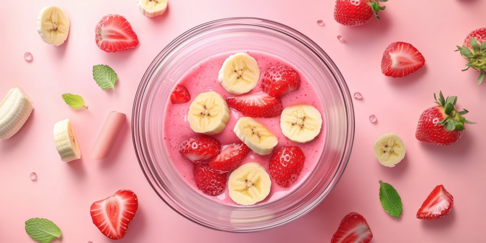 Fresh fruit salad with strawberries and bananas on a pink background for a vibrant summer snack